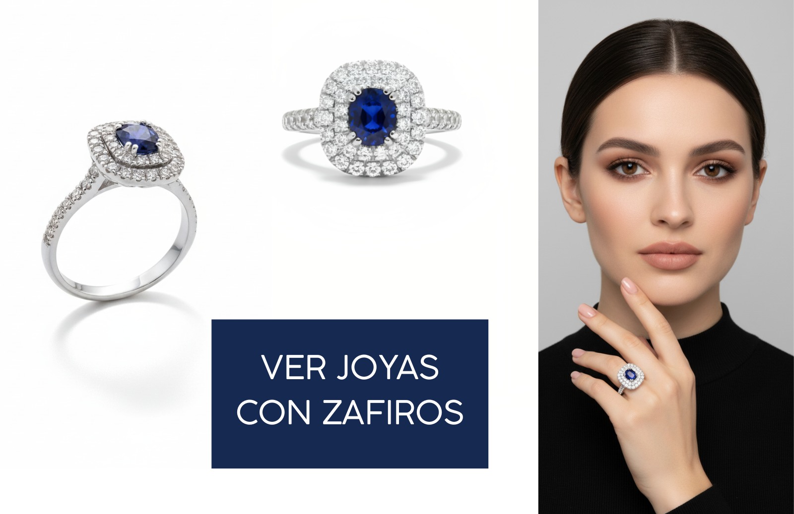banner con joyas de zafiro y diamantes elegantes sobre un fondo blanco, a la derecha hermosa mujer con anillo de zafiros y diamantes y enlace para ver joyas con zafiros de joyeria marga mira 
